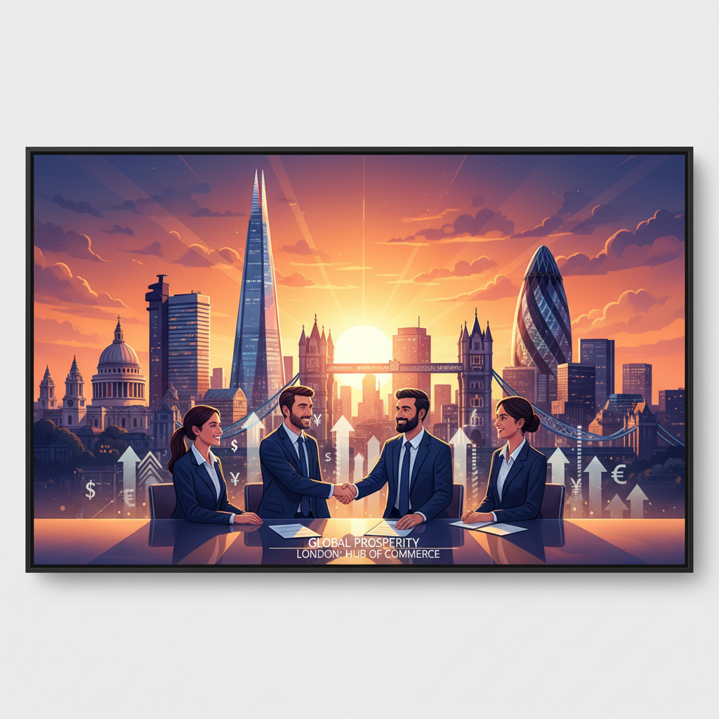 A vibrant, detailed illustration of London's skyline at sunset, with iconic landmarks like the Shard and Tower Bridge, symbolizing global business opportunities and a thriving economic environment. The foreground shows diverse business professionals shaking hands.