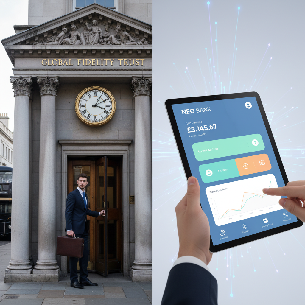 A split image visually representing the contrast between a traditional high street bank facade (left) with a classic clock, stone pillars, and a professional business person entering, and a sleek, modern digital-first banking app interface on a tablet (right) against a minimalist, bright background with abstract digital patterns.