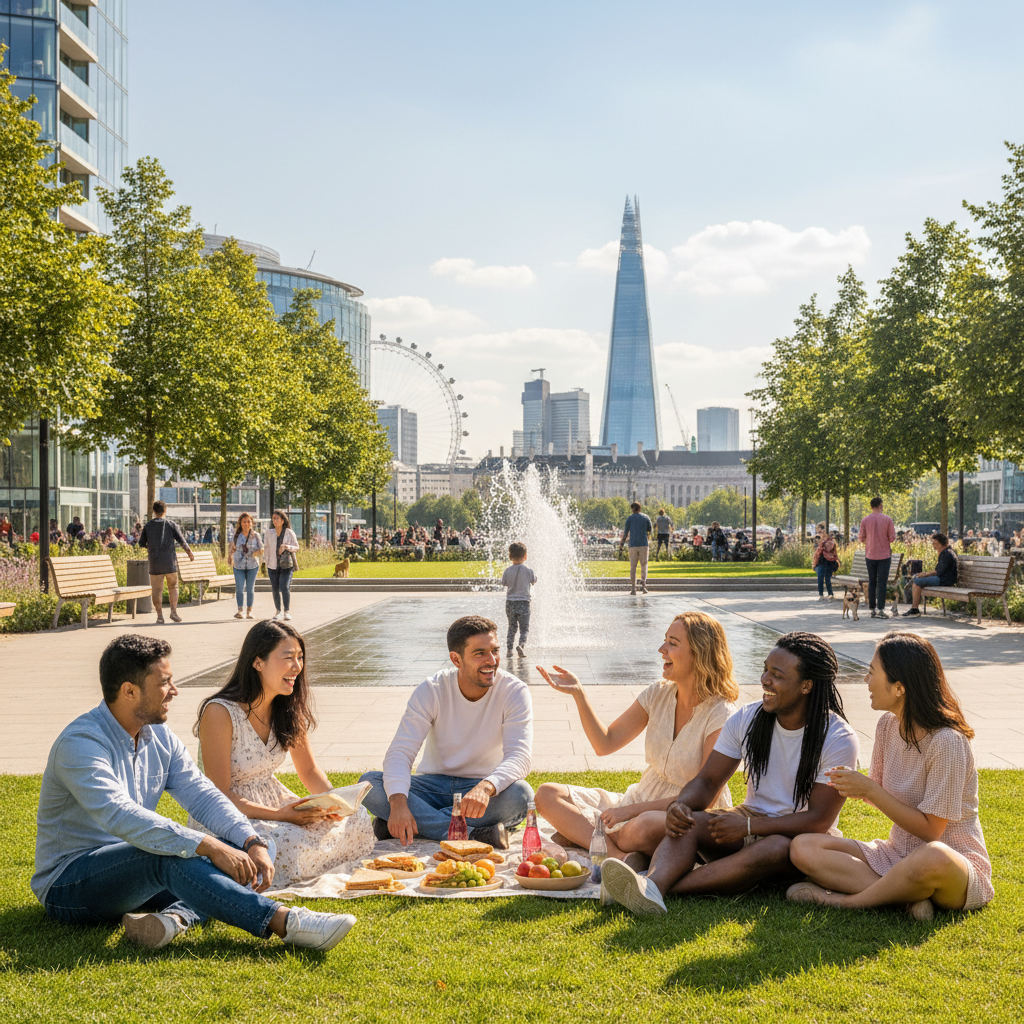A diverse group of happy expats enjoying a sunny day in a modern park in a bustling UK city, with iconic London landmarks like the Shard or the London Eye subtly visible in the background, conveying a sense of belonging and well-being. Photorealistic.