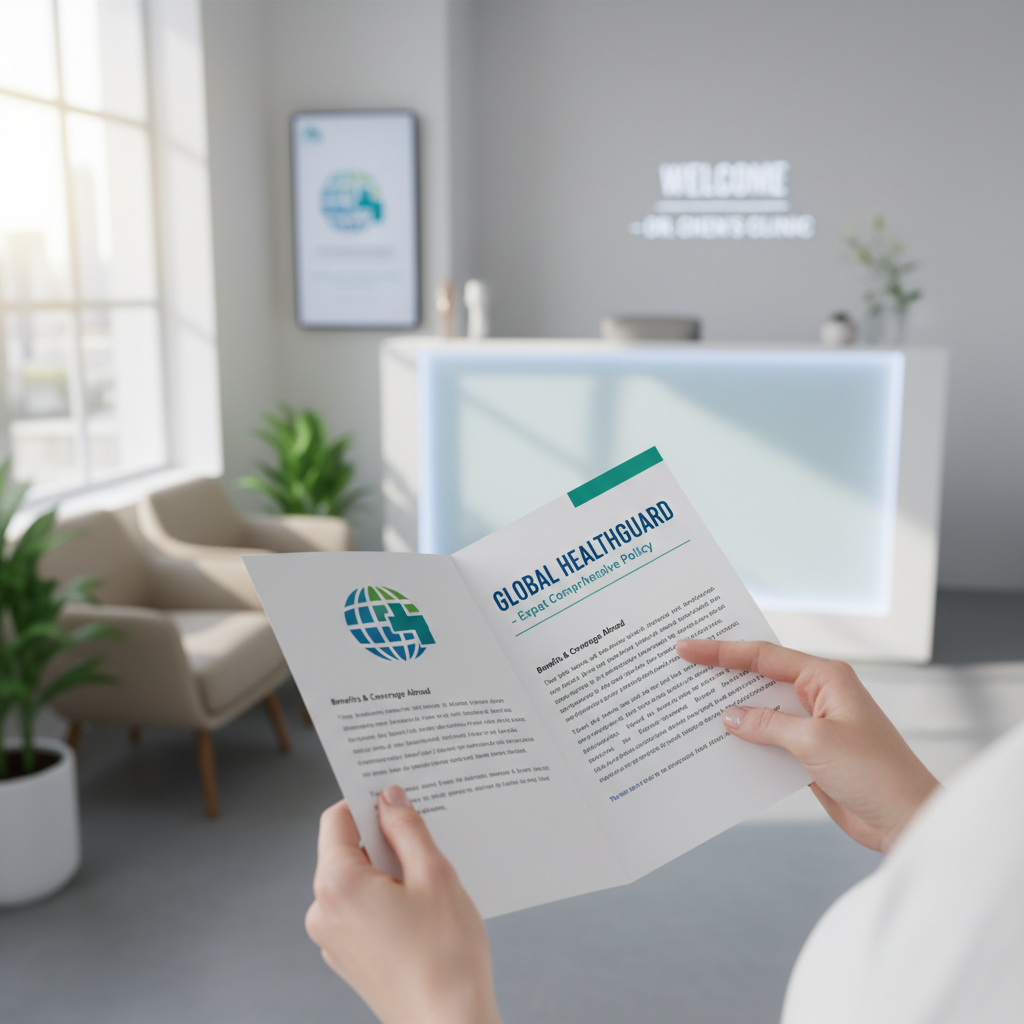 A close-up, high-angle shot of a person's hands holding and reviewing an expat insurance policy document or brochure, with a modern, bright doctor's office or private clinic reception area subtly blurred in the background, emphasizing informed decision-making and healthcare security. Photorealistic.