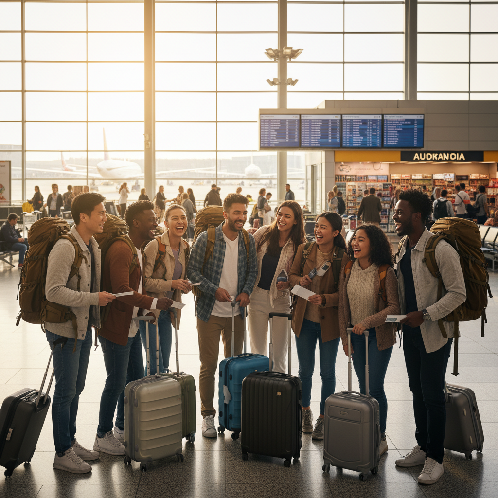 A diverse group of smiling people from different nationalities, casually dressed, standing together in a bustling international airport departure lounge with luggage, looking excited about their upcoming adventures. Photorealistic style, warm lighting.