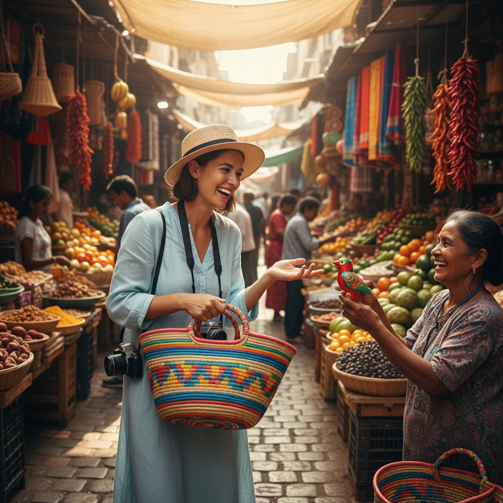 A happy expat woman with a wide smile, exploring a vibrant local market in a foreign city. She is holding a colorful handcrafted item and interacting with a local vendor. The scene is bright and full of life, capturing the joy of cultural discovery. Photorealistic style.