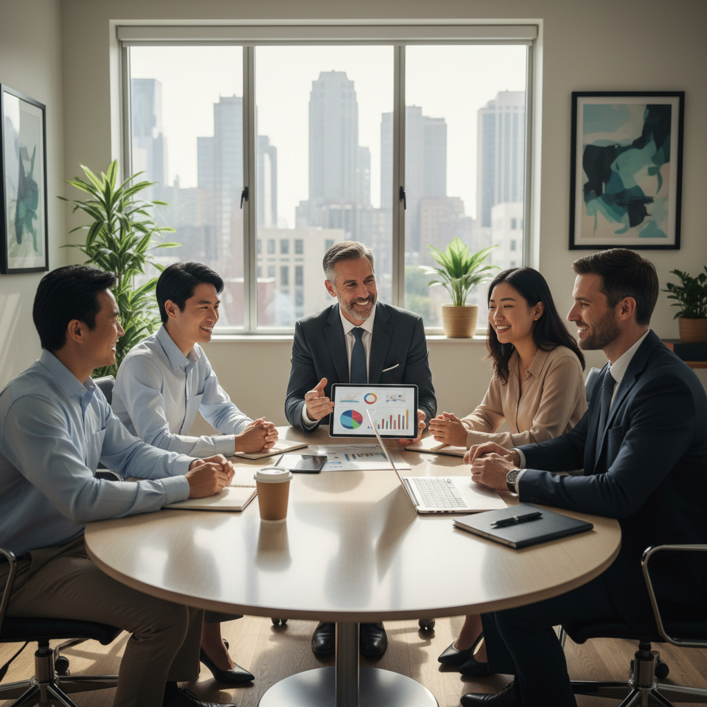 A diverse group of smiling expats from different backgrounds, looking relaxed while discussing finances with a friendly, professional accountant in a modern, sunlit office. Focus on a sense of relief and clarity.