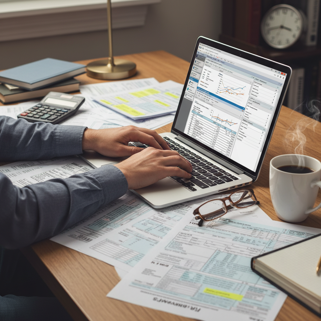 A detailed, close-up shot of hands working on a laptop with complex tax forms and financial documents spread around, symbolizing comprehensive accounting services. Include a calculator and a cup of coffee, conveying a sense of diligent work and expertise.