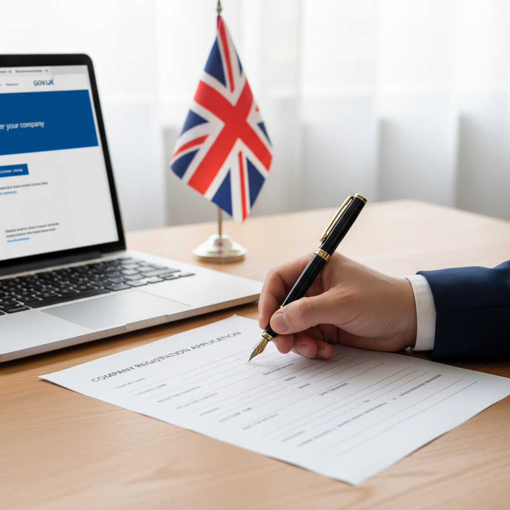 A professional hand holding a pen, filling out UK company registration forms, with a laptop displaying the HMRC website and a small Union Jack flag in the background. Close-up, well-lit, authentic.