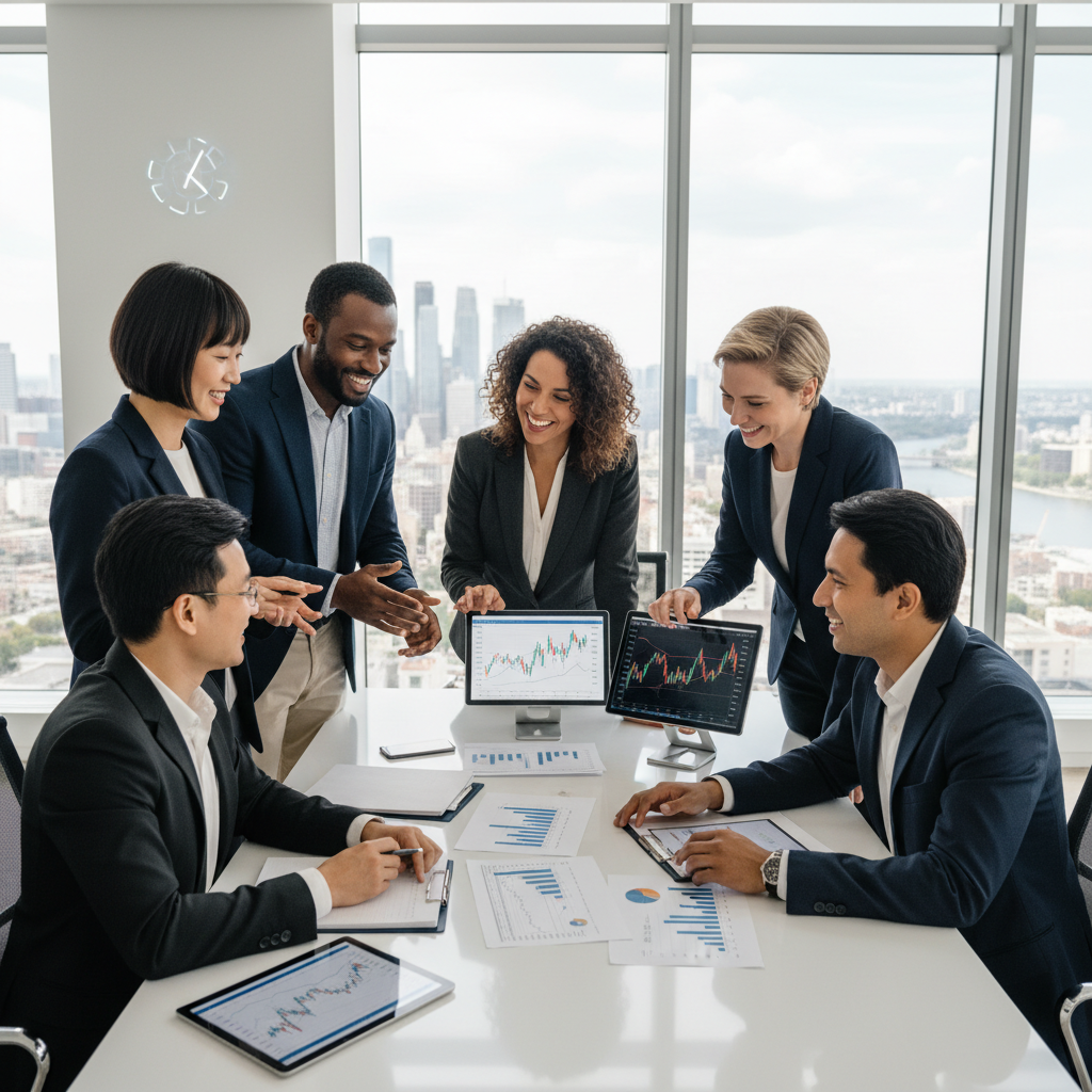 A diverse group of smiling expats in modern business attire, confidently discussing financial documents and digital tablets in a bright, contemporary office space with a cityscape visible through large windows. The overall feeling is one of clarity and achievement in financial planning.