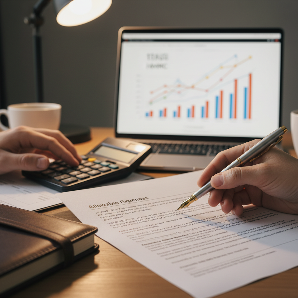 A close-up shot of hands, one holding a pen pointing at a section of a UK tax document, while another hand uses a calculator. A laptop with financial charts is subtly blurred in the background, creating a focused, professional atmosphere for tax planning.