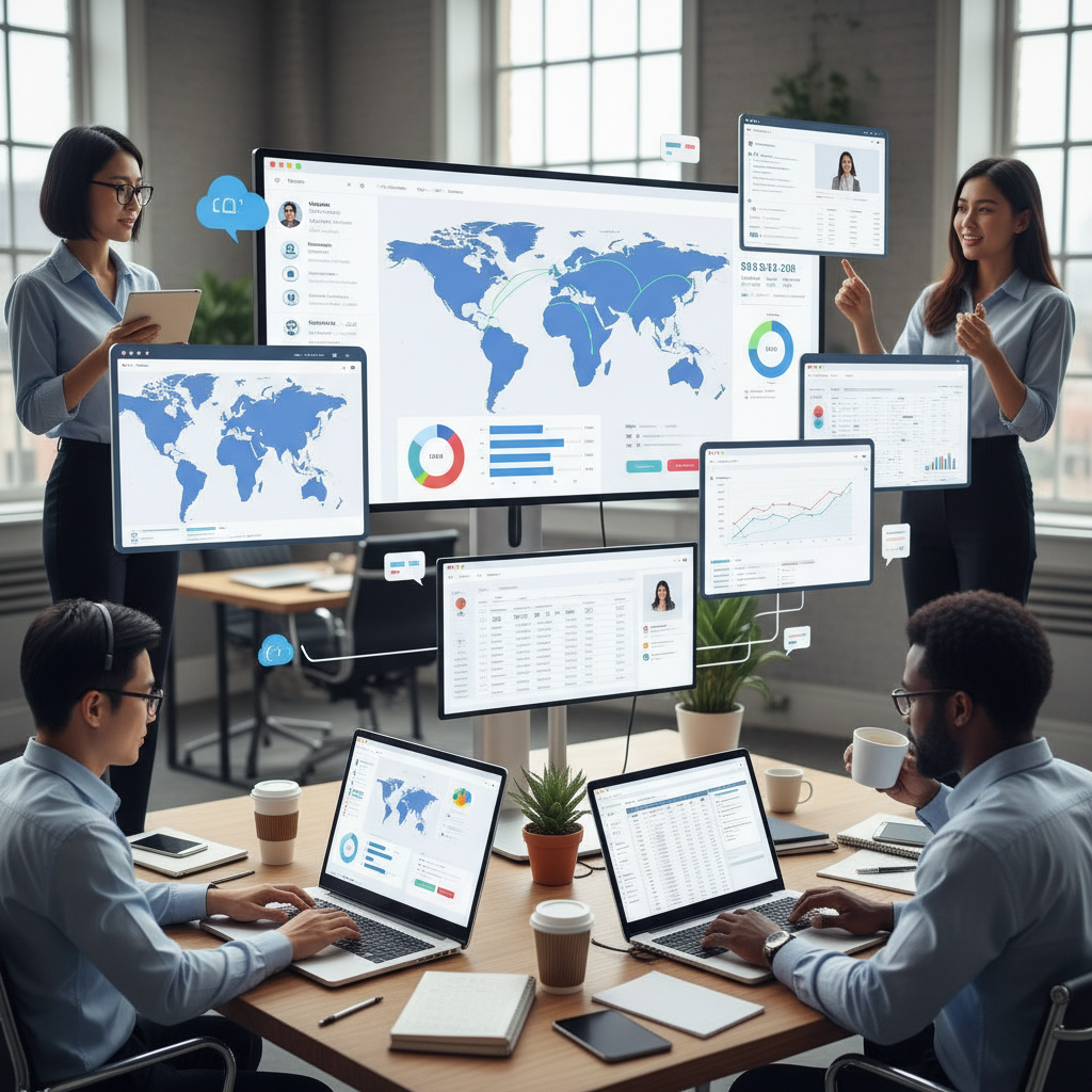 A diverse team of business professionals from different global locations collaborating seamlessly using a cloud-based CRM system on various devices, showing charts, customer profiles, and communication logs. The scene should convey efficiency and global reach.