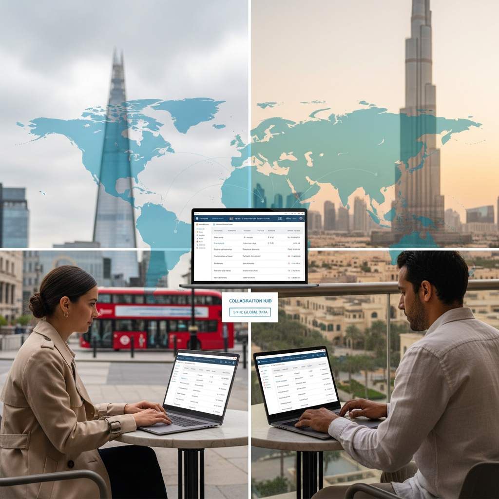 A split screen showing a person in London and another person in Dubai, both using the same CRM interface on their laptops, with a world map subtly in the background connecting them. The interface should show clear, organized customer data and collaborative tools, emphasizing seamless global connectivity.