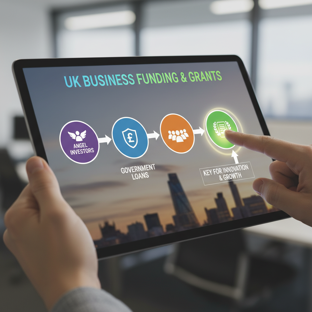 A vibrant, clear infographic on a digital tablet screen illustrating different pathways to business funding and grants in the UK, with icons representing 