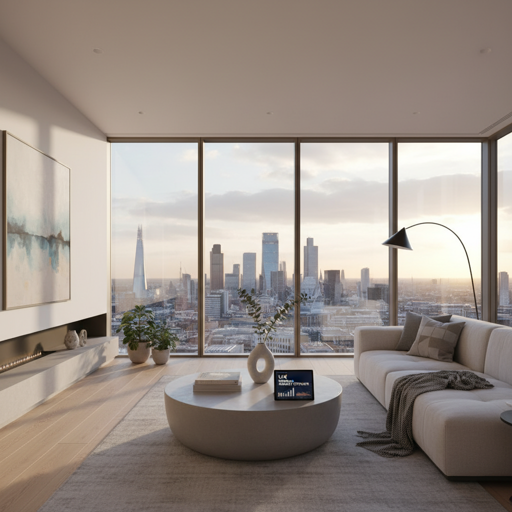 A modern, minimalist apartment living room with a cityscape view through large windows, suggesting urban property investment in the UK. Bright and inviting atmosphere, photorealistic.