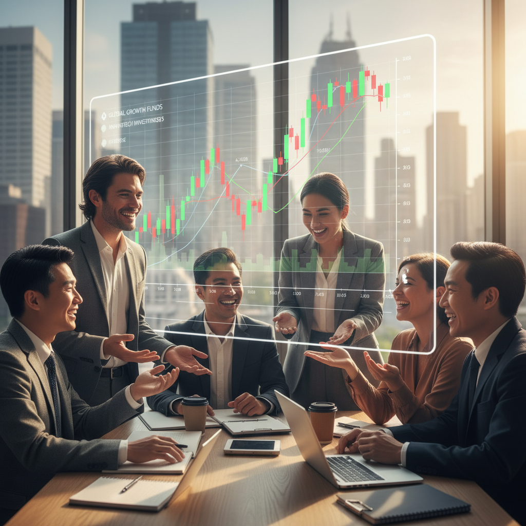 A diverse group of people from different backgrounds looking at a digital stock market chart on a transparent screen, smiling and discussing investment strategies, symbolizing diverse investment funds and collaboration, photorealistic.