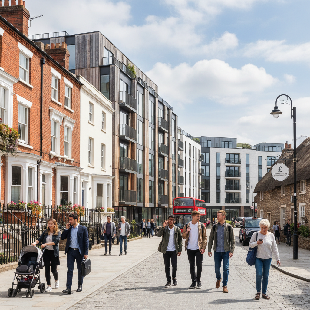 A vibrant street scene in a charming UK town, showcasing diverse architectural styles from traditional Victorian terraced houses to modern apartments, with people casually walking by, illustrating the variety of investment opportunities.