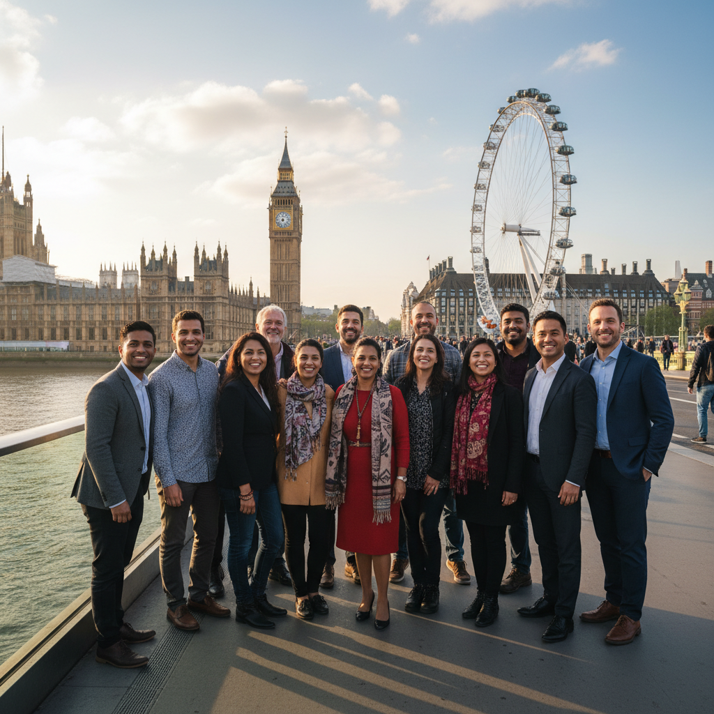 A diverse group of people from various backgrounds smiling confidently as they look towards iconic London landmarks like Big Ben and the London Eye under a bright, optimistic sky. The scene is photorealistic and vibrant.