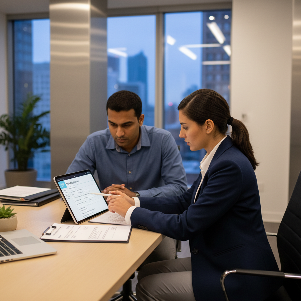 A professional female immigration lawyer in a modern office setting, discussing documents with a diverse male client. Both are looking at a tablet showing a visa application form. The setting is clean, well-lit, and professional, conveying trust and expertise. Photorealistic, soft focus background.